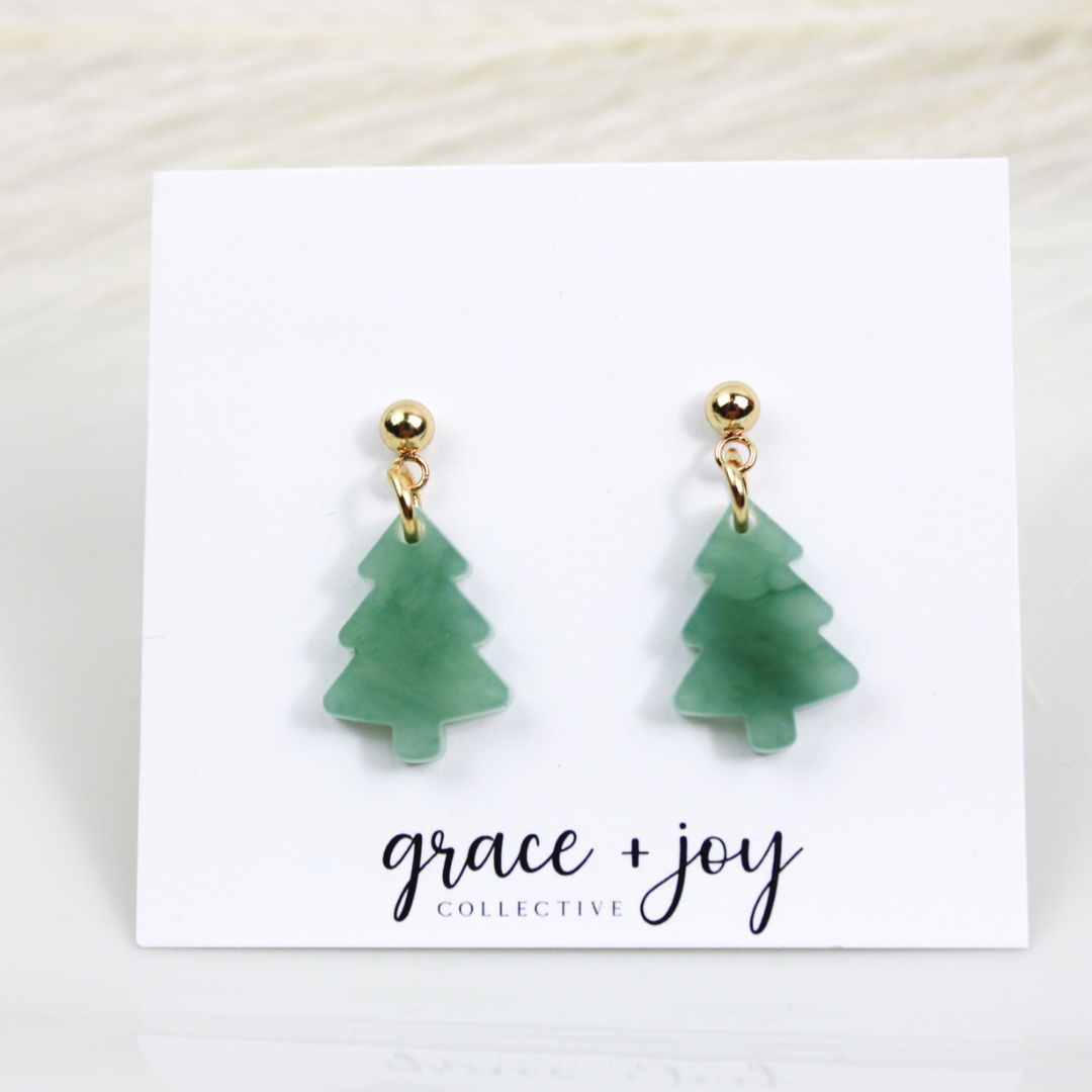Mini Christmas Tree Dangle Earrings, Jade green Earrings