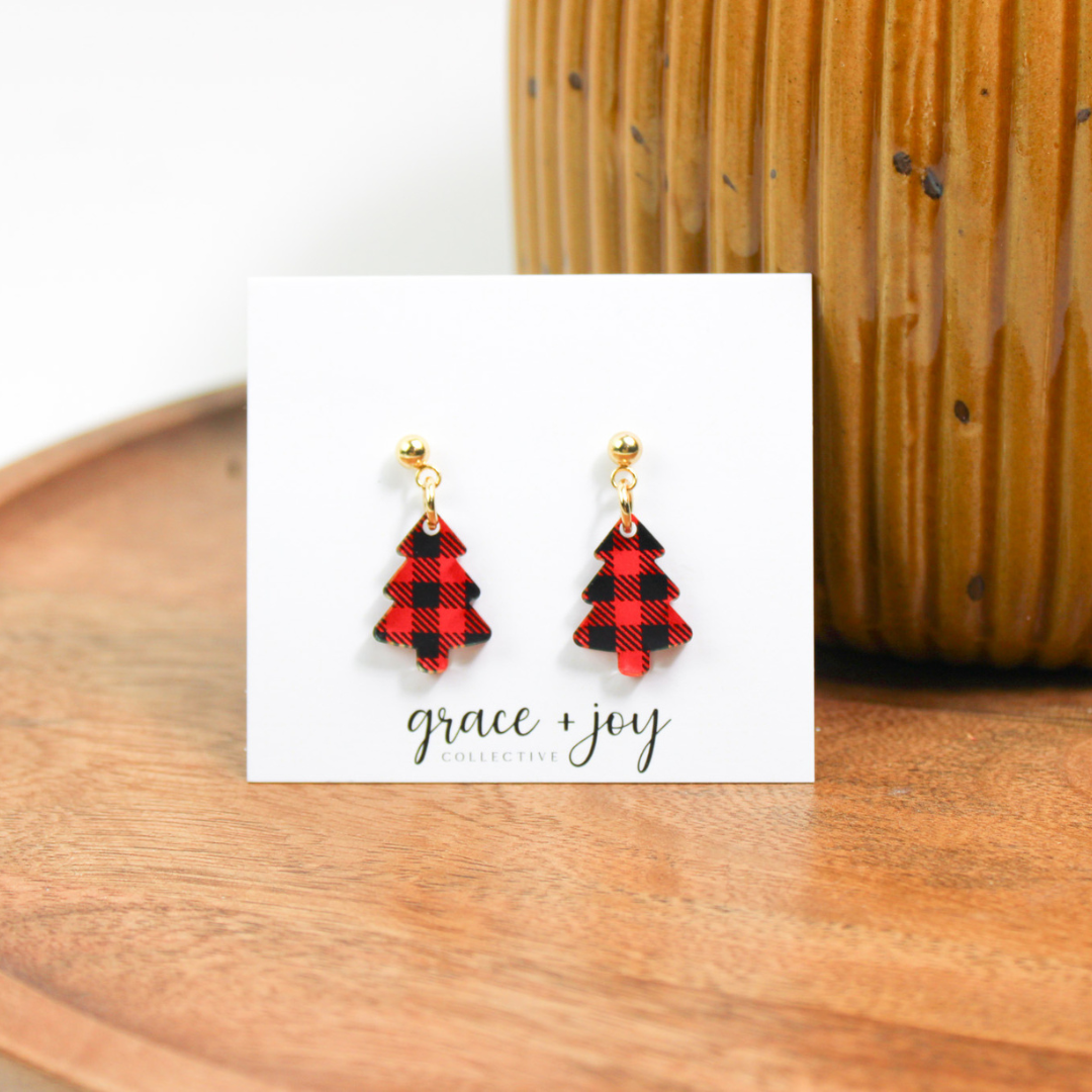 Mini Christmas Tree Dangle Earrings, Buffalo Plaid earrings