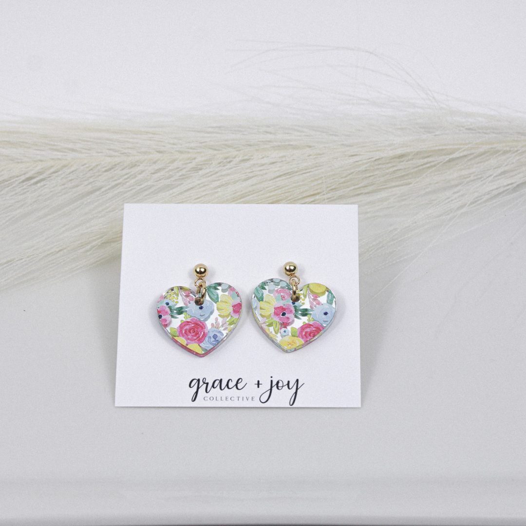 Floral Heart Dangle Earrings, Acrylic Earrings Flower : Spring floral