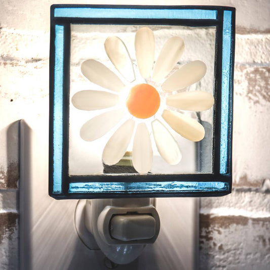 Daisy Fused Glass Flower Night Light with Blue Trim