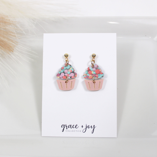 Pink Cupcake Earrings, Acrylic Earrings