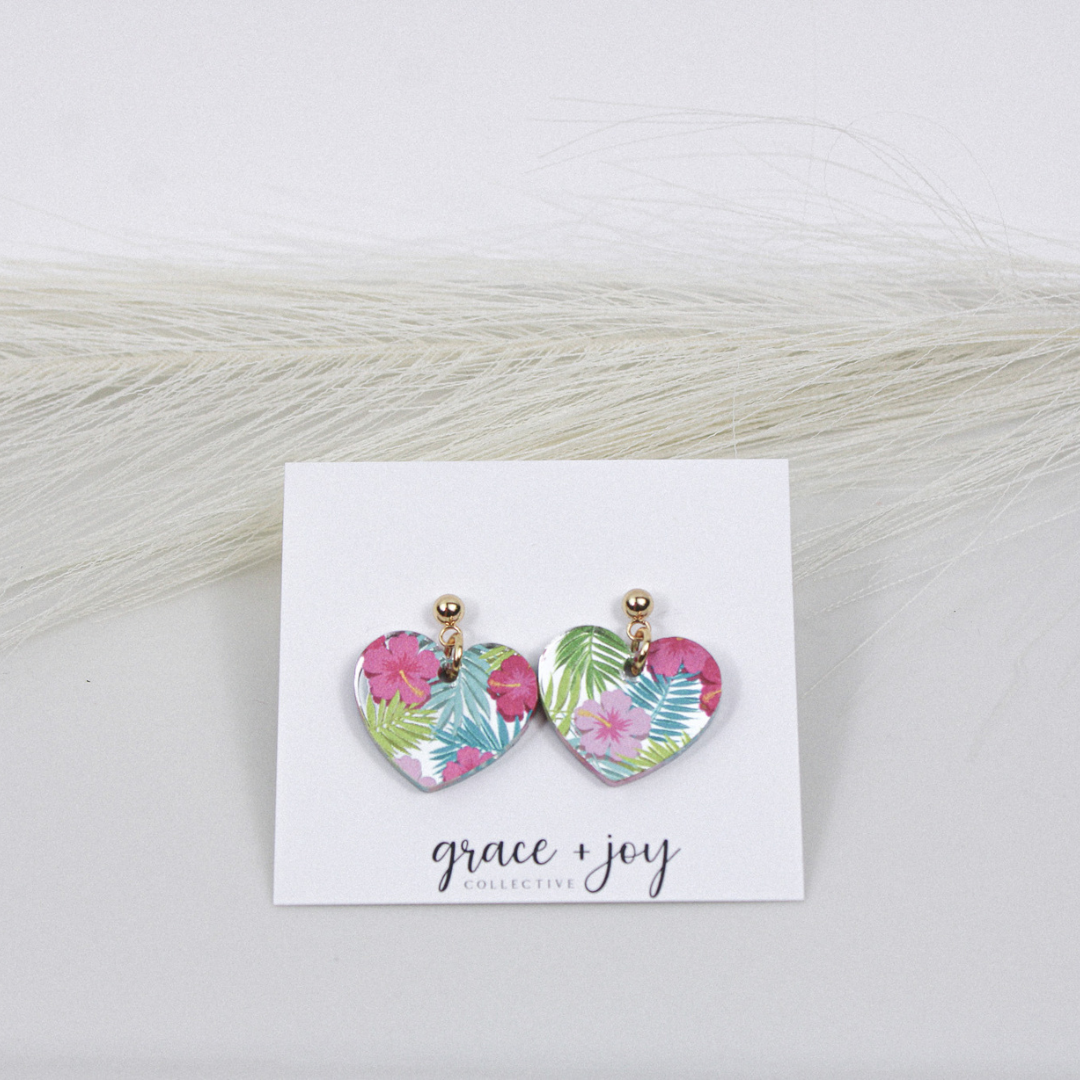 Floral Heart Dangle Earrings, Acrylic Earrings Flower : Spring floral