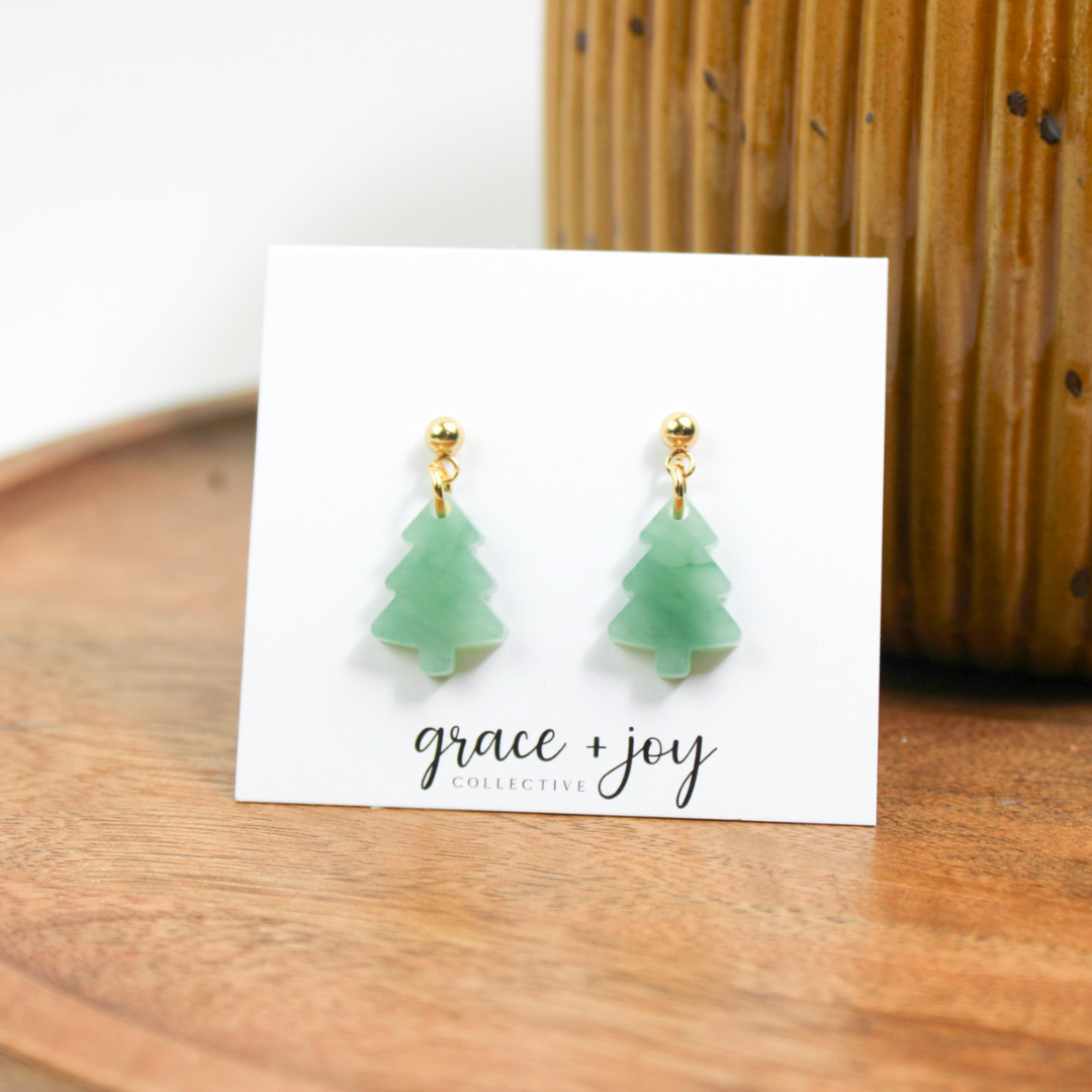 Mini Christmas Tree Dangle Earrings, Jade green Earrings