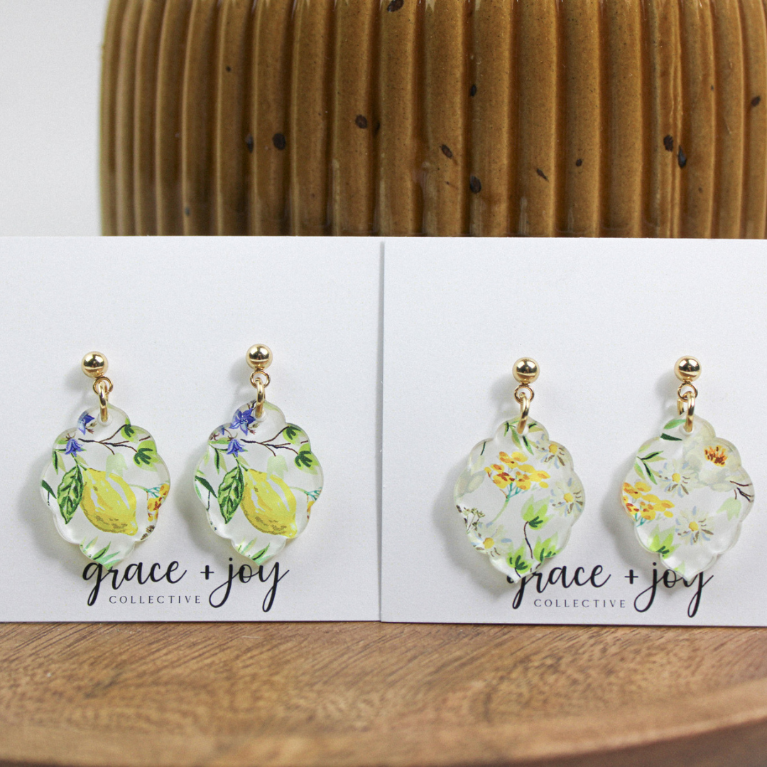 Watercolor Floral Lemon Scalloped Dangle Earrings : Floral