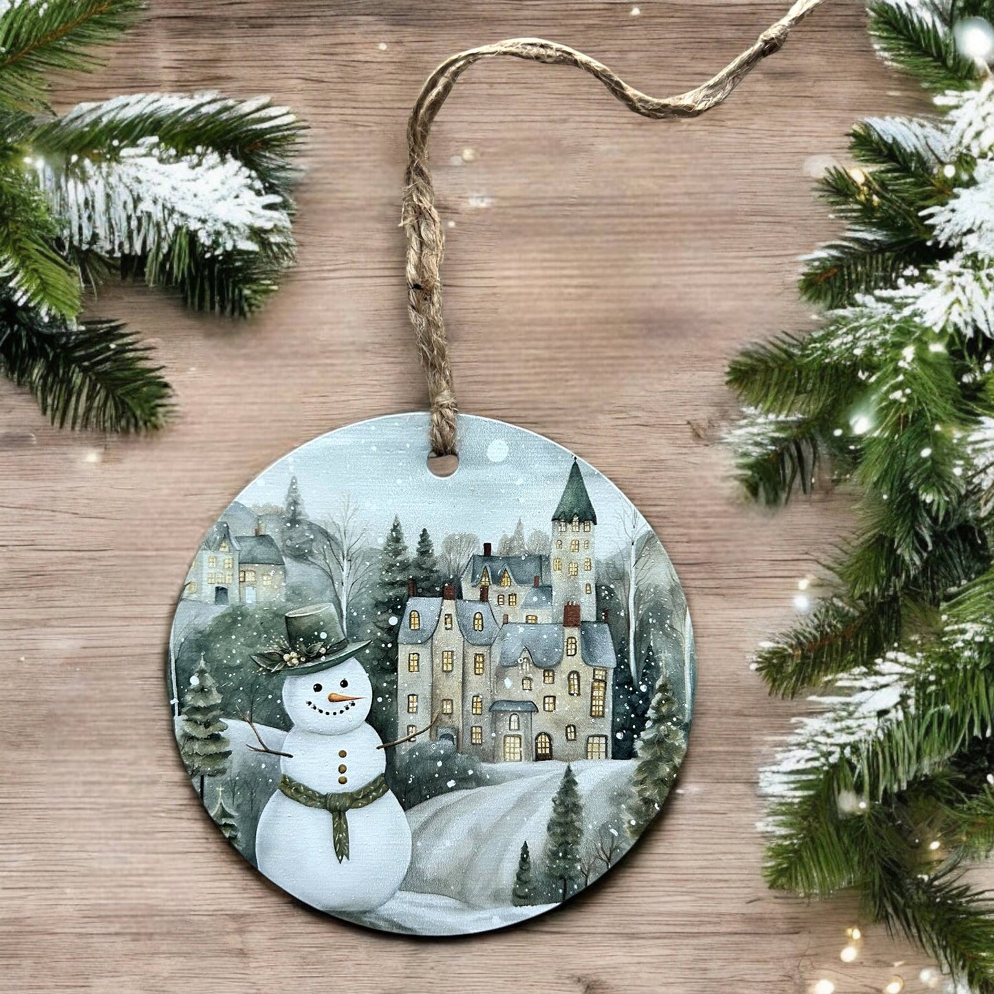 Snowman in Village - Old Fashioned Style Wood Ornament - Inkwood Crafters