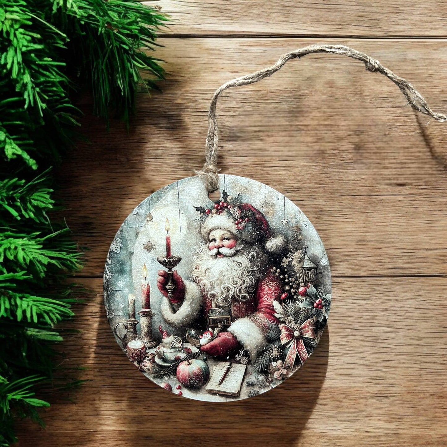 Vintage Santa With Candle - Wood Christmas Ornament- Inkwood Crafters