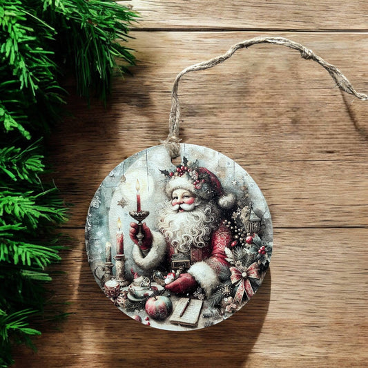 Vintage Santa With Candle - Wood Christmas Ornament- Inkwood Crafters