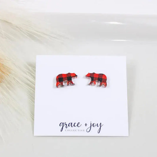 Buffalo Plaid Bear Stud Earring, Acrylic Earrings