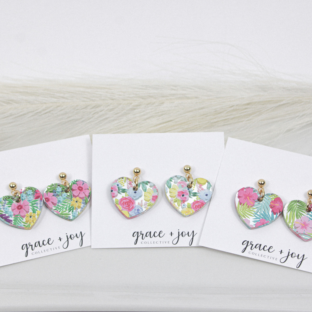 Floral Heart Dangle Earrings, Acrylic Earrings Flower : Spring floral