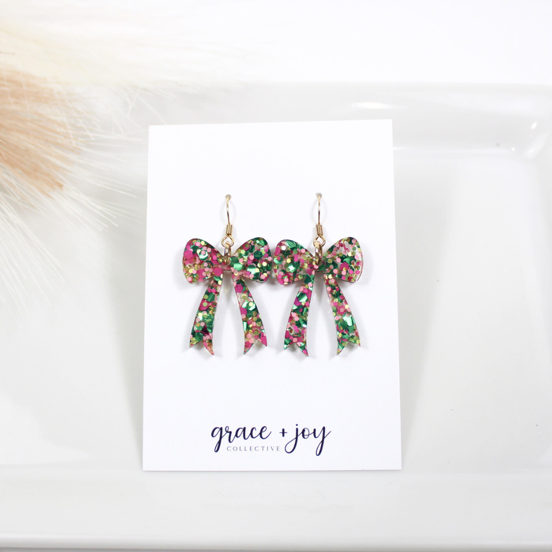 Wicked Pink and Green Bow Dangle Earring, Good Witch earring