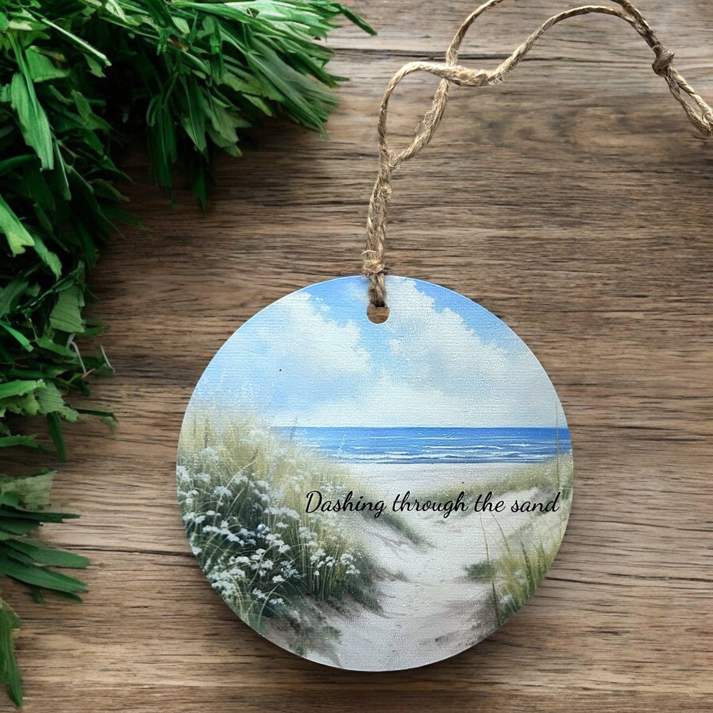 Dashing Through the Sand - Beach Christmas Wood Ornament- Inkwood Crafters
