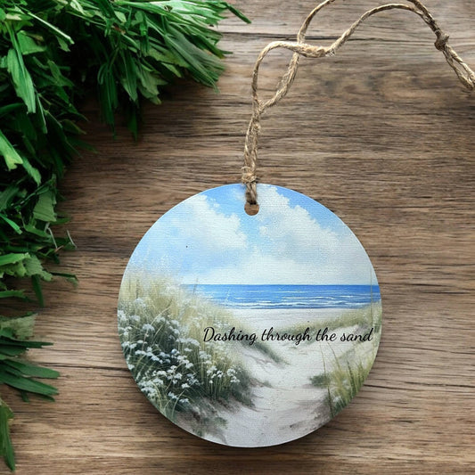 Dashing Through the Sand - Beach Christmas Wood Ornament- Inkwood Crafters