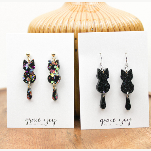 Black Cat Dangle Earrings, Acrylic Earrings Hallween: Black