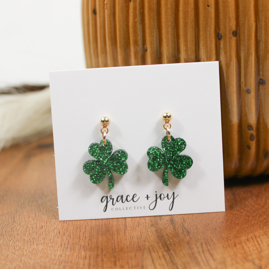 Glitter Shamrock Dangle Earrings, Acrylic Earrings