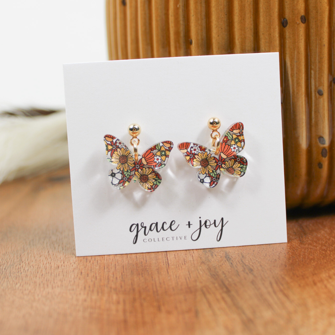 70's Floral Butterfly Dangle Earrings, Acrylic Earrings