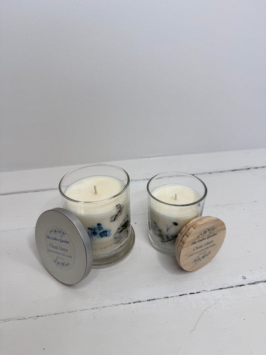 Clean linen 100% soy wax candle with flowers
