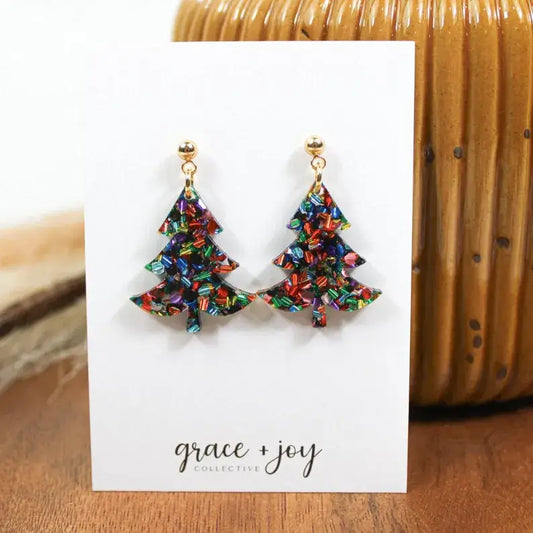 Christmas Tree Glitter Dangle Earrings, Acrylic Earrings