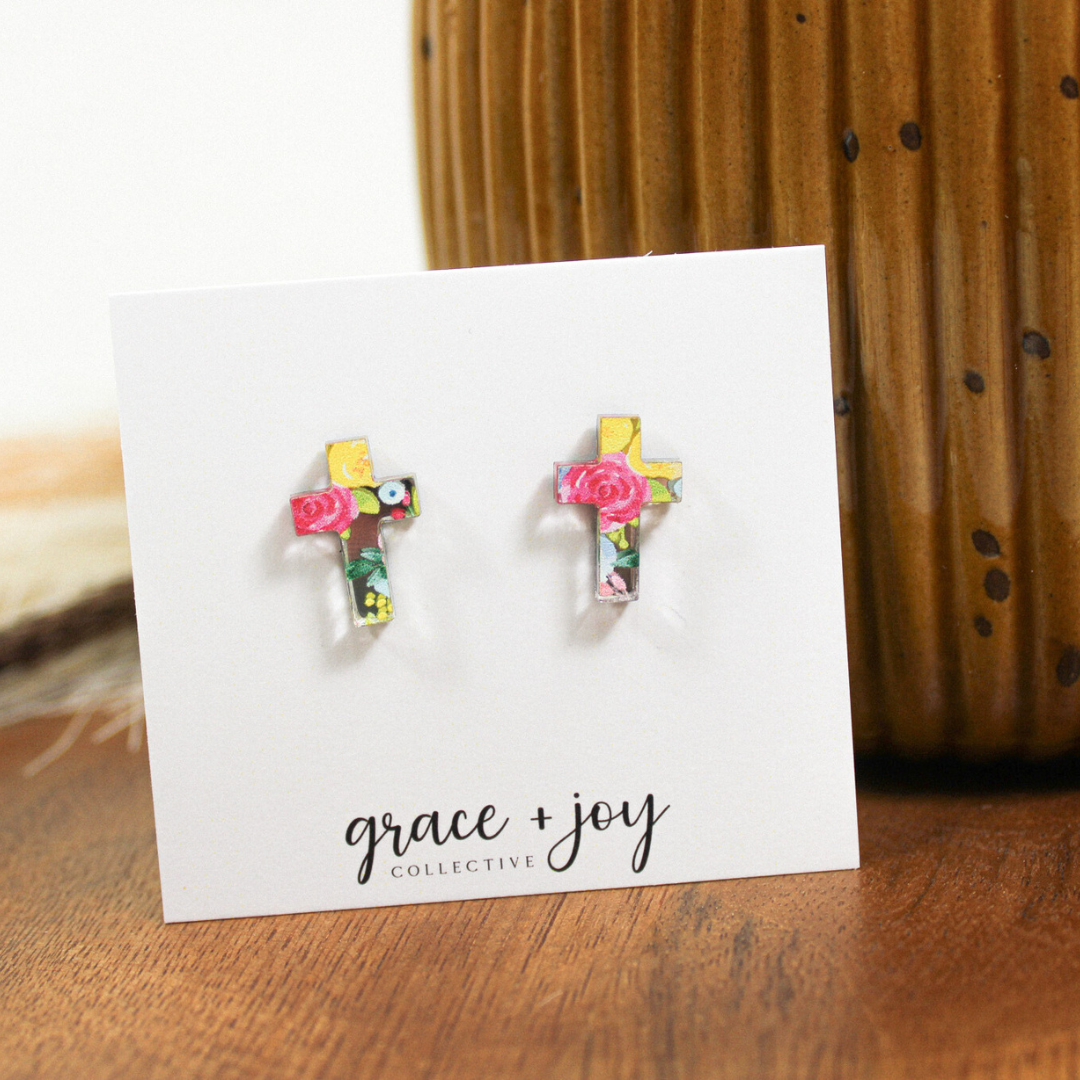 Floral Cross Stud Earring, Acrylic Earrings