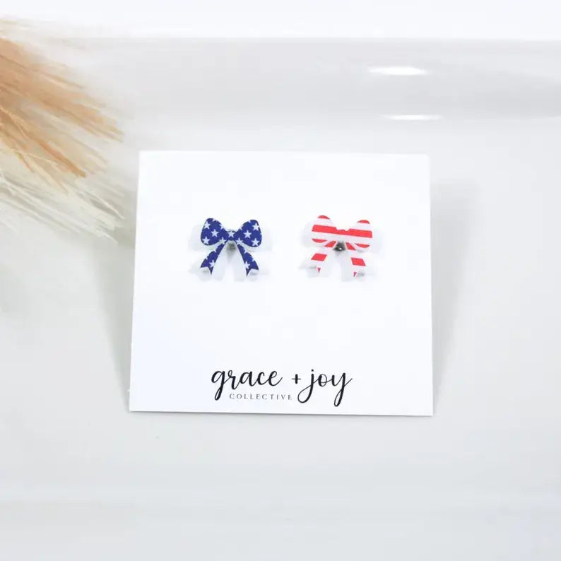 US Flag Bow Stud Earring, Acrylic Earrings