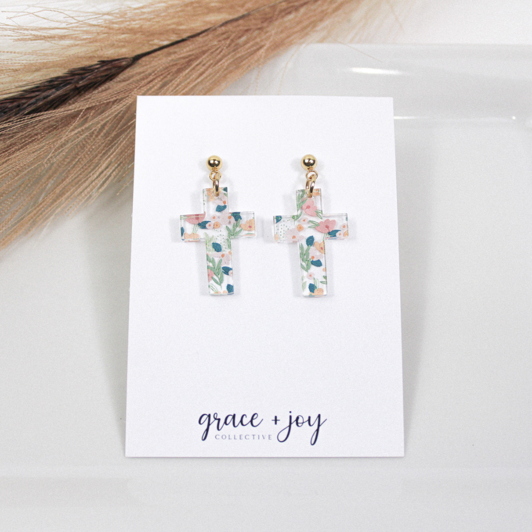 Pastel Floral Cross Dangle Earrings,Grace + Joy Collective