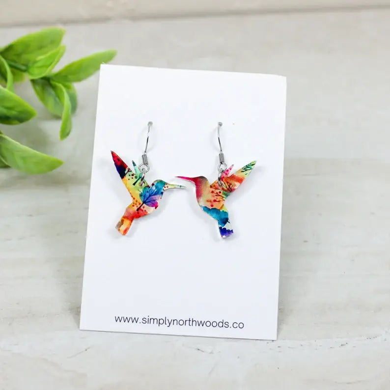 Watercolor Floral Hummingbird Dangle Earrings, : Pink/orange/blue Grace + Joy Collective