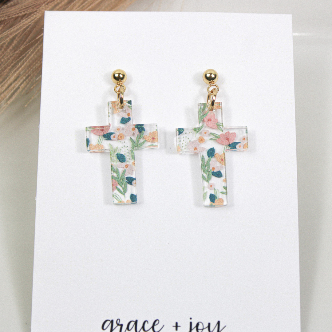 Pastel Floral Cross Dangle Earrings,Grace + Joy Collective