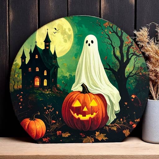 Ghost on Pumpkin - Wood Halloween/Autumn Decor Circle Sign