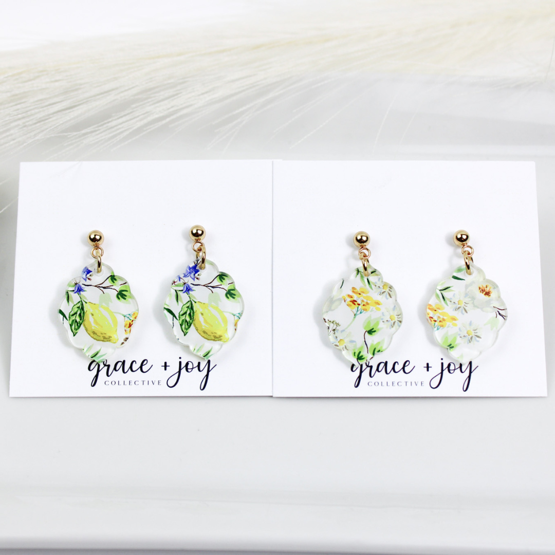 Watercolor Floral Lemon Scalloped Dangle Earrings : Floral