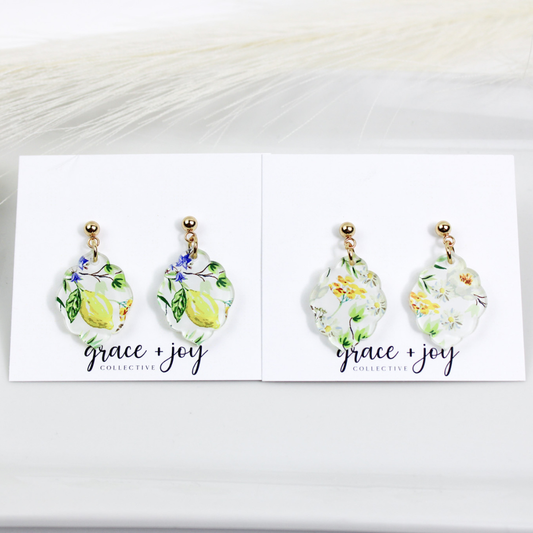 Watercolor Floral Lemon Scalloped Dangle Earrings : Floral