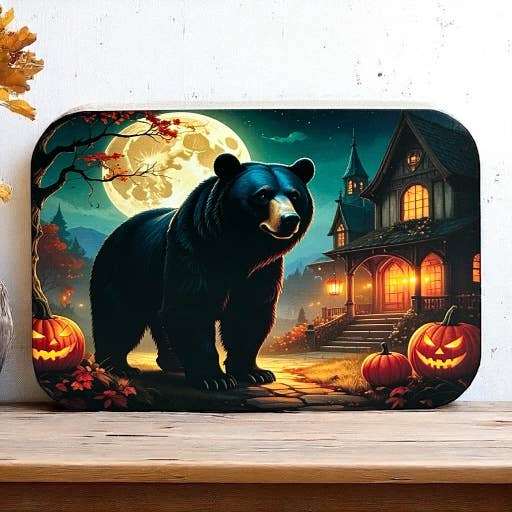 Bear Under Moon- Halloween 2025 Fall Decor Rustic Wood Sign