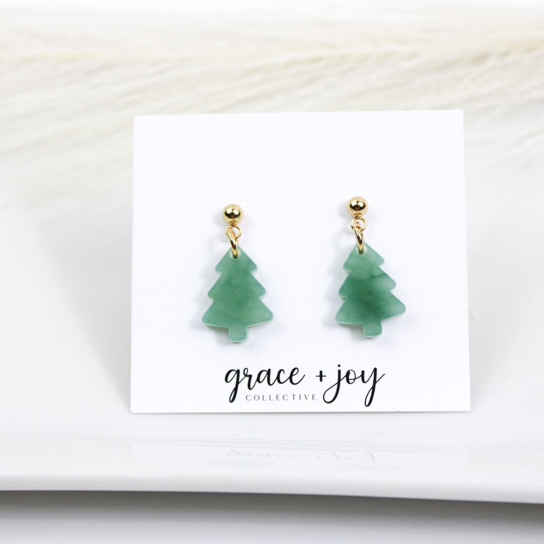 Mini Christmas Tree Dangle Earrings, Jade green Earrings