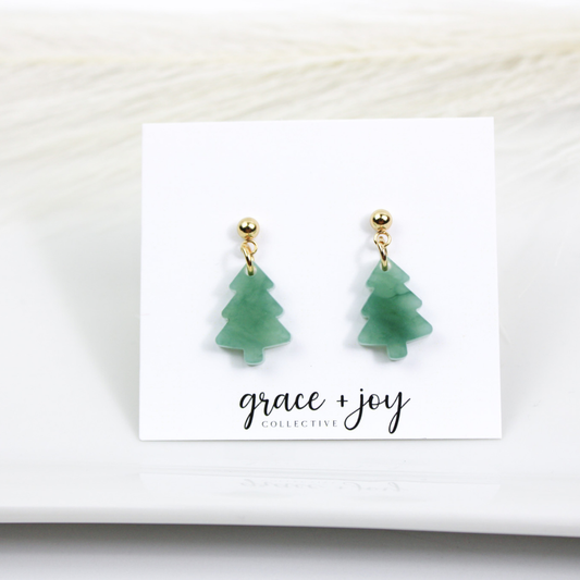 Mini Christmas Tree Dangle Earrings, Jade green Earrings