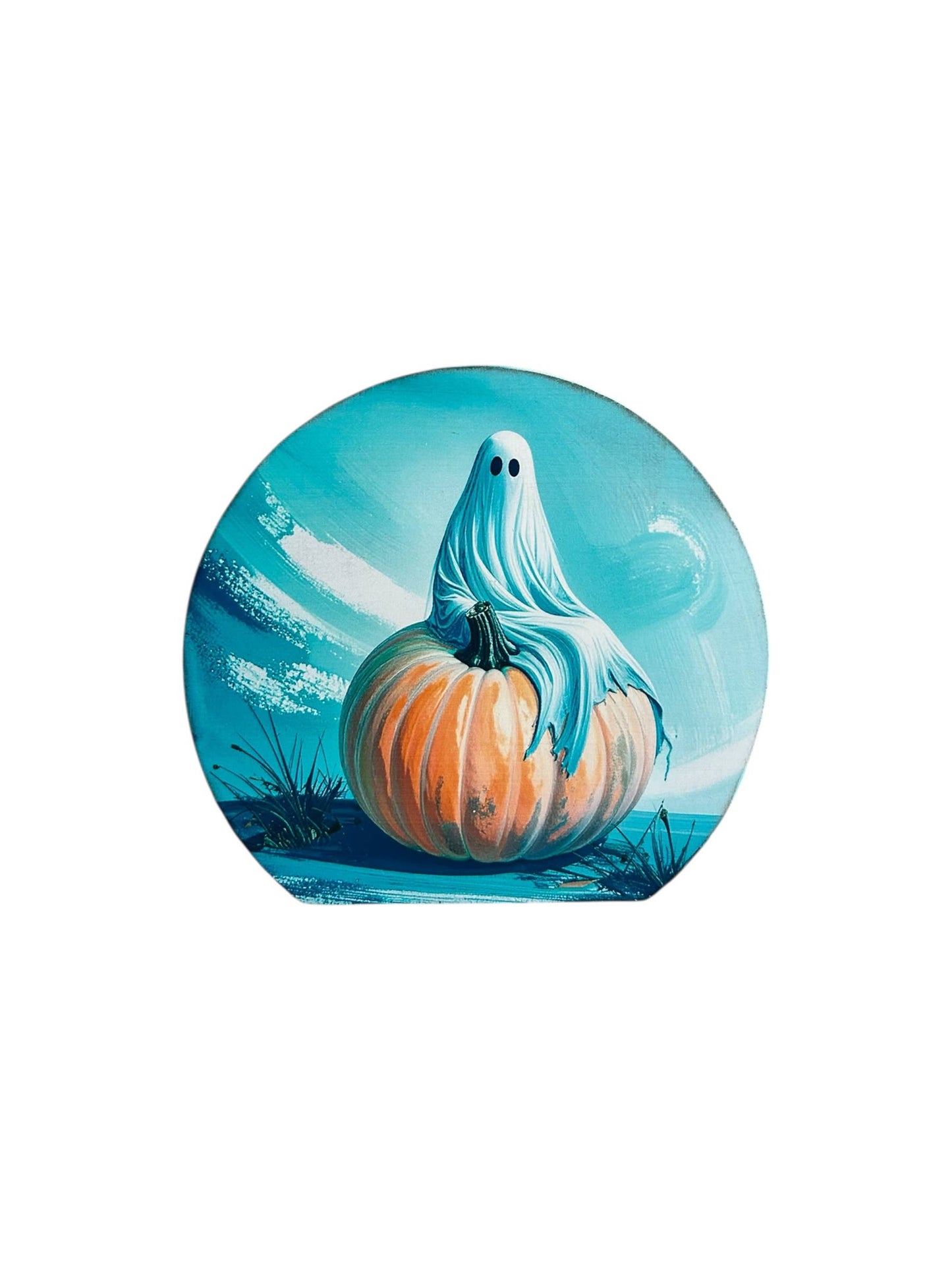 Ghost Thinking on Pumpkin - Wood Autumn Decor Circle Sign 