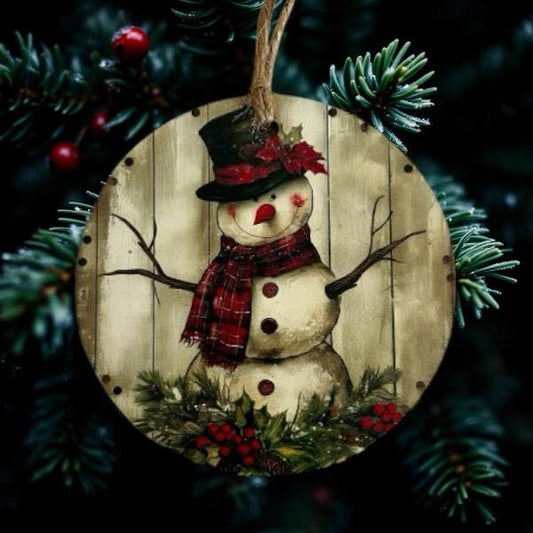 Primitive Snowman - Wood Christmas Ornament Vintage Decor- Inkwood Crafters