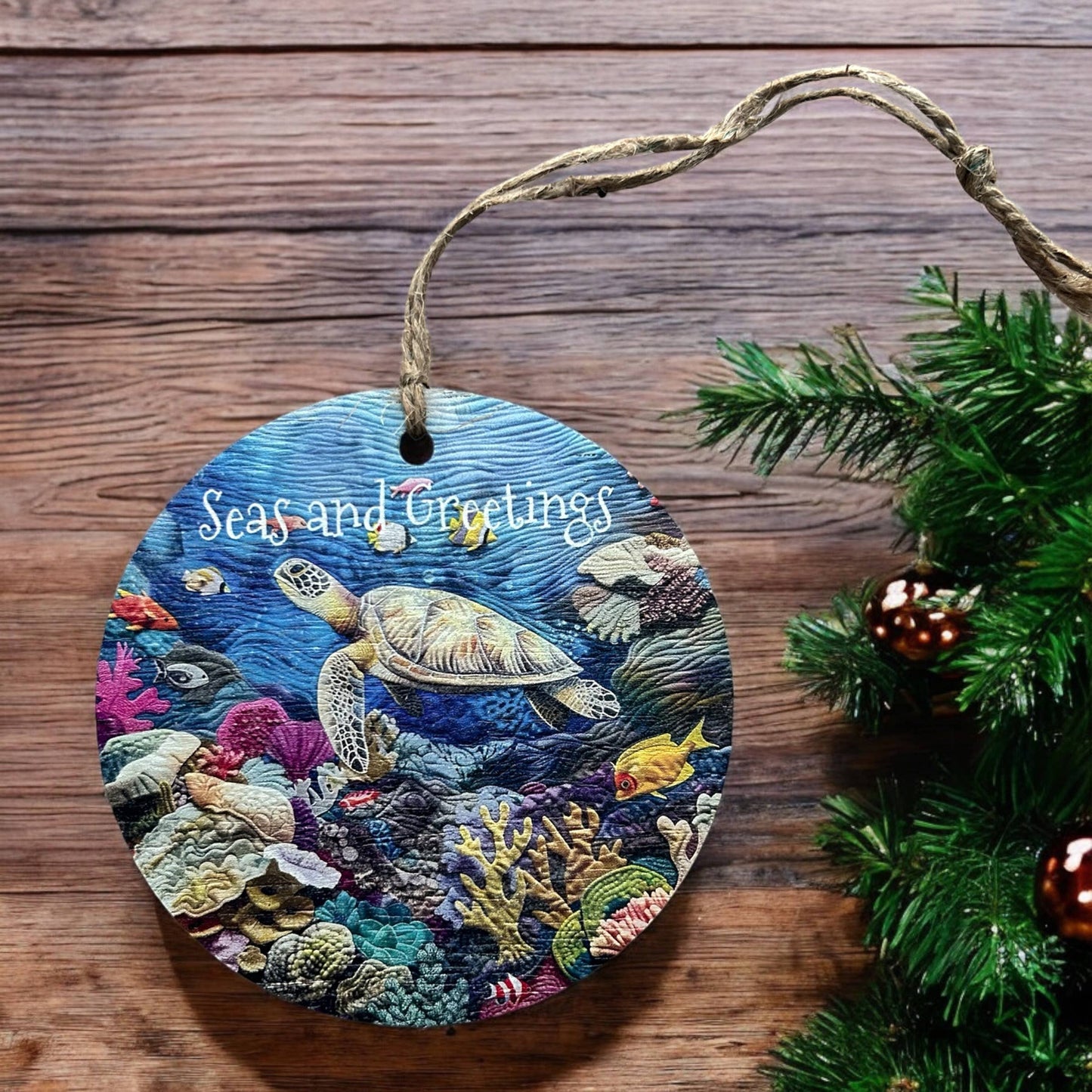 Seas and Greetings - Beach Christmas Wood Ornament- Inkwood Crafters