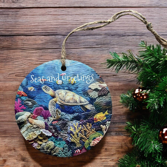 Seas and Greetings - Beach Christmas Wood Ornament- Inkwood Crafters