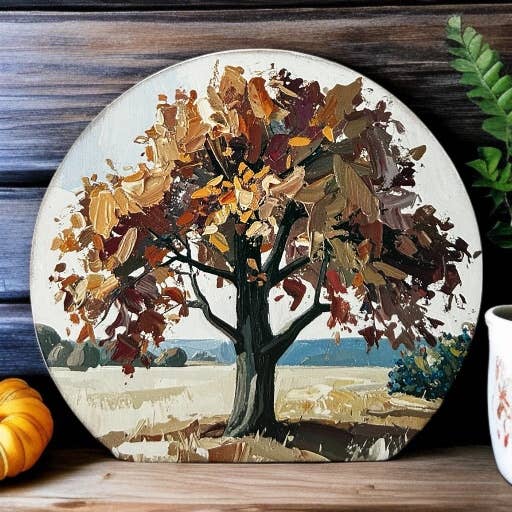 Fall Oak Tree Painting - Wood Autumn Decor Circle Sign