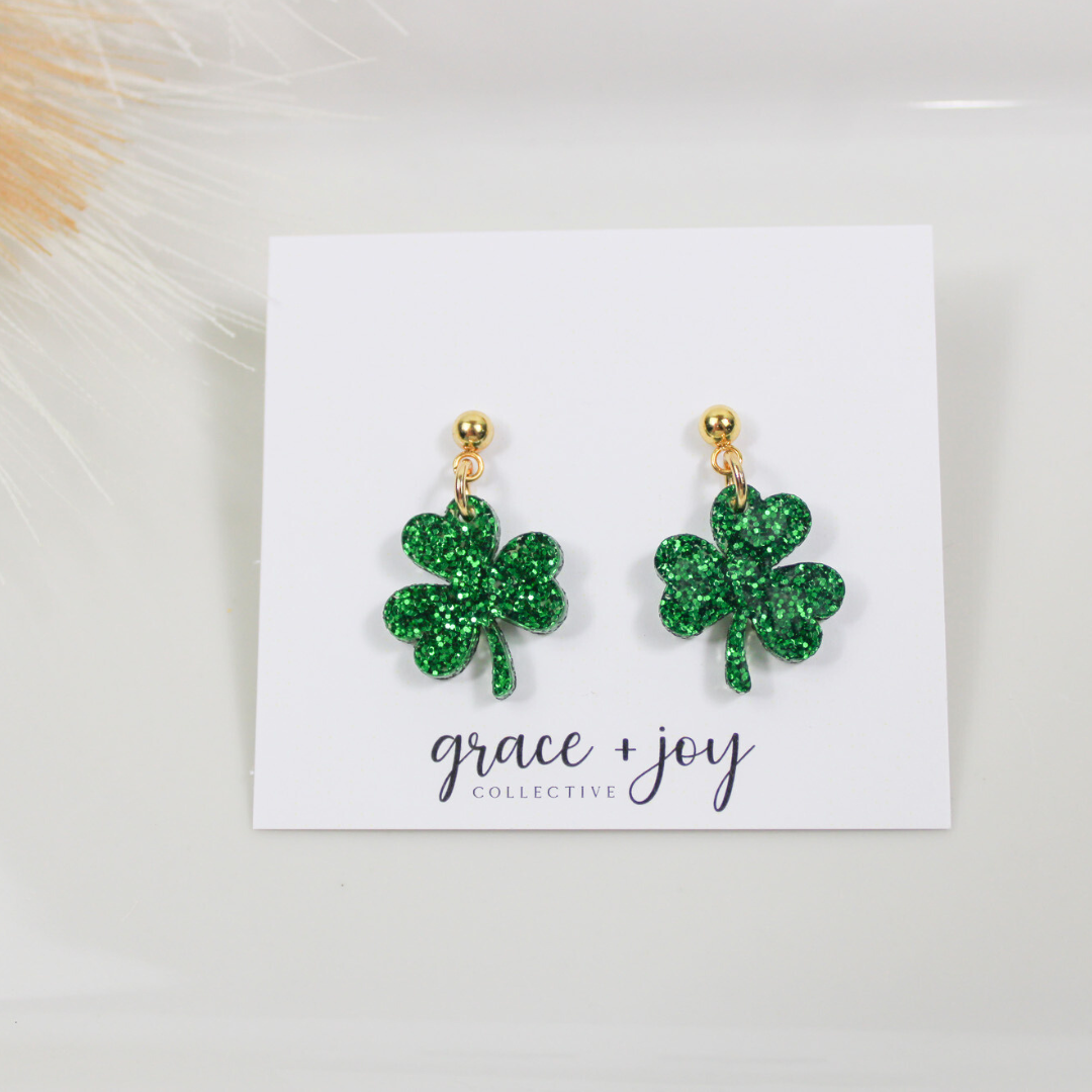 Glitter Shamrock Dangle Earrings, Acrylic Earrings