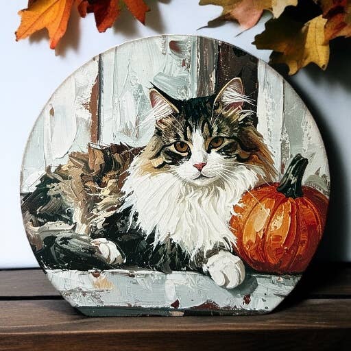 Fall Cat on Porch Painting - Wood Autumn Decor Circle Sign