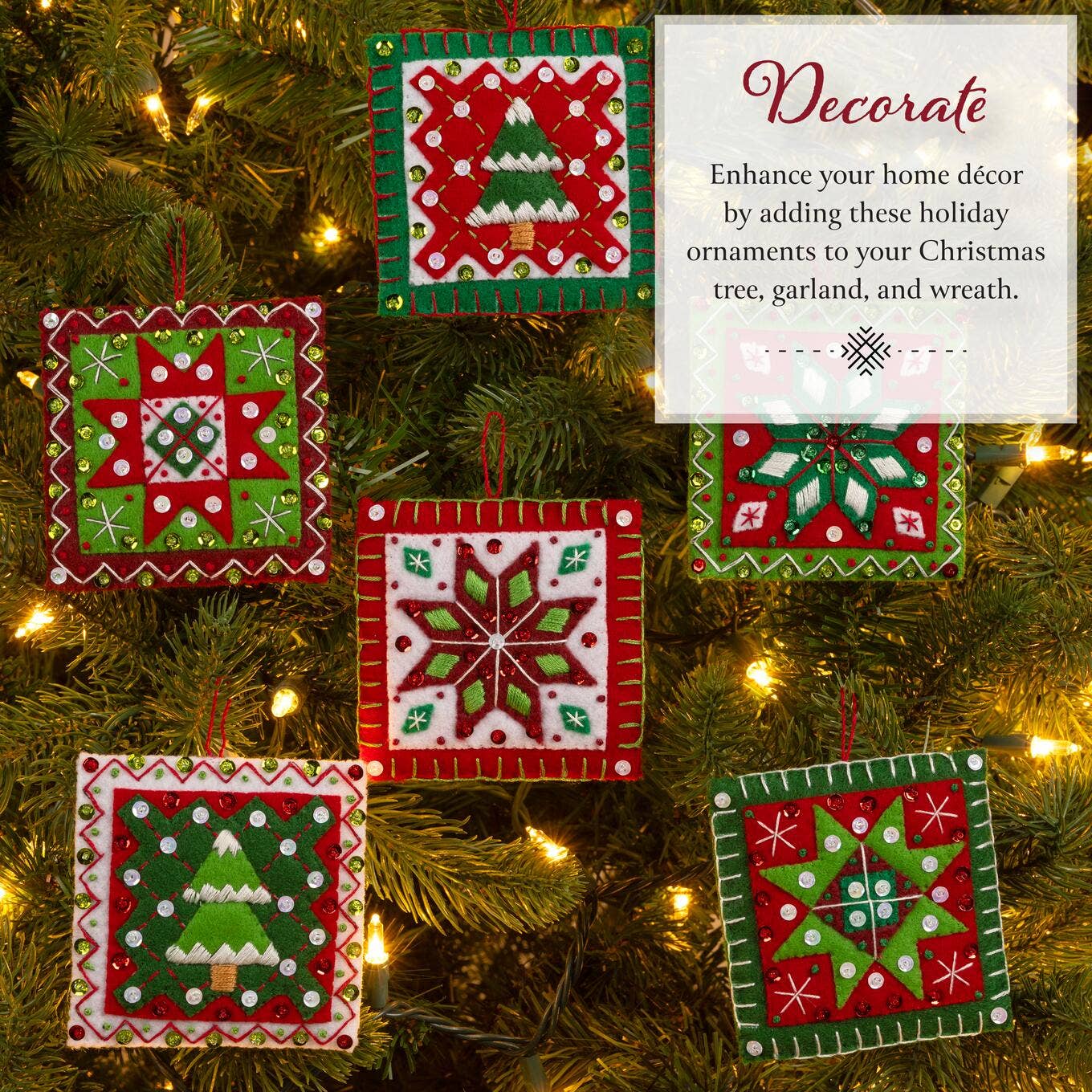 Bucilla Holiday Quilt Squares Felt Ornament Kit Set of 6