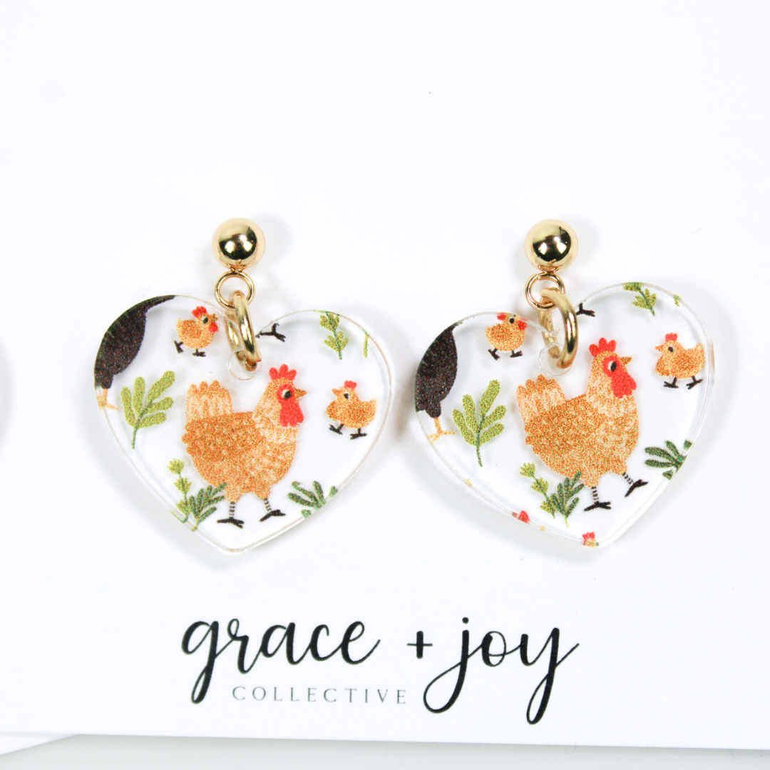 Chicken Heart Dangle Earrings, Acrylic Earrings  : Brown, Grace + Joy Collective