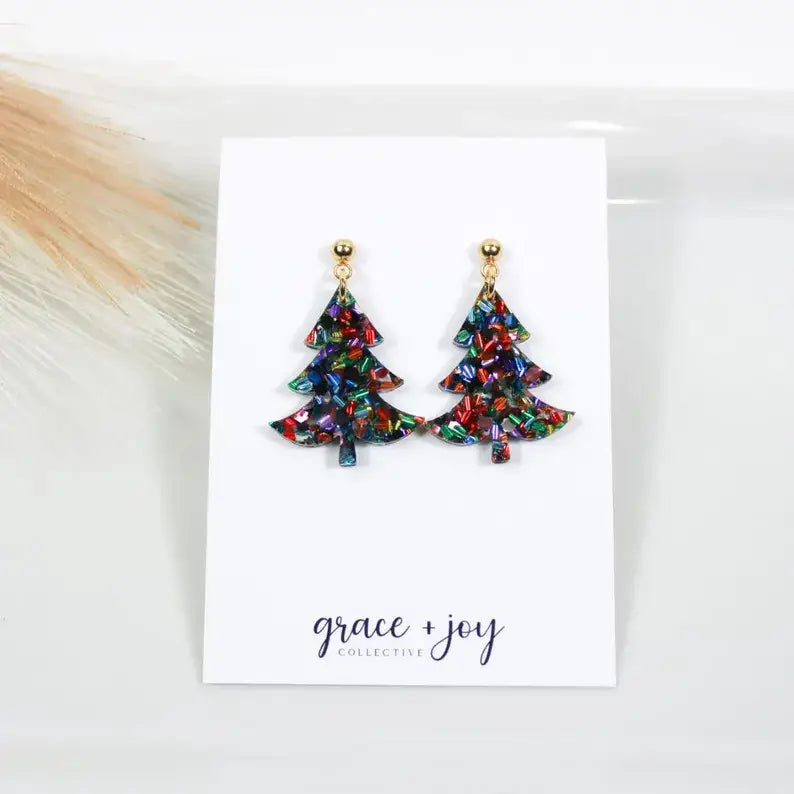 Christmas Tree Glitter Dangle Earrings, Acrylic Earrings