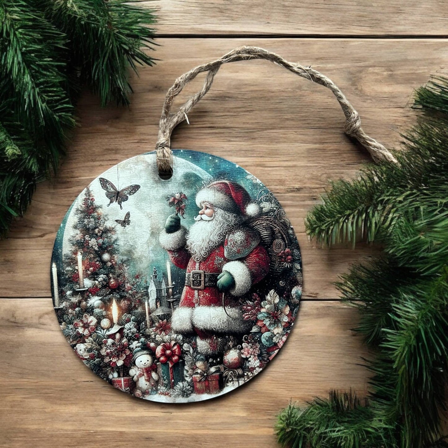 Vintage Santa with Butterfly - Wood Christmas Ornament- Inkwood Crafters