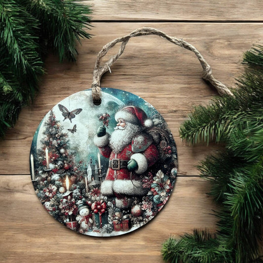 Vintage Santa with Butterfly - Wood Christmas Ornament- Inkwood Crafters