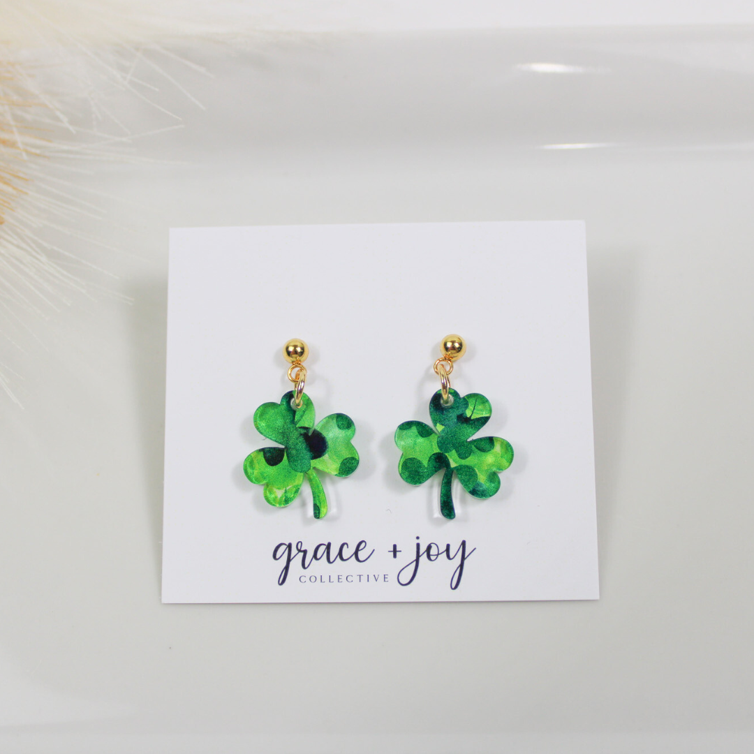 Watercolor Shamrock Dangle Earrings, Acrylic Earrings