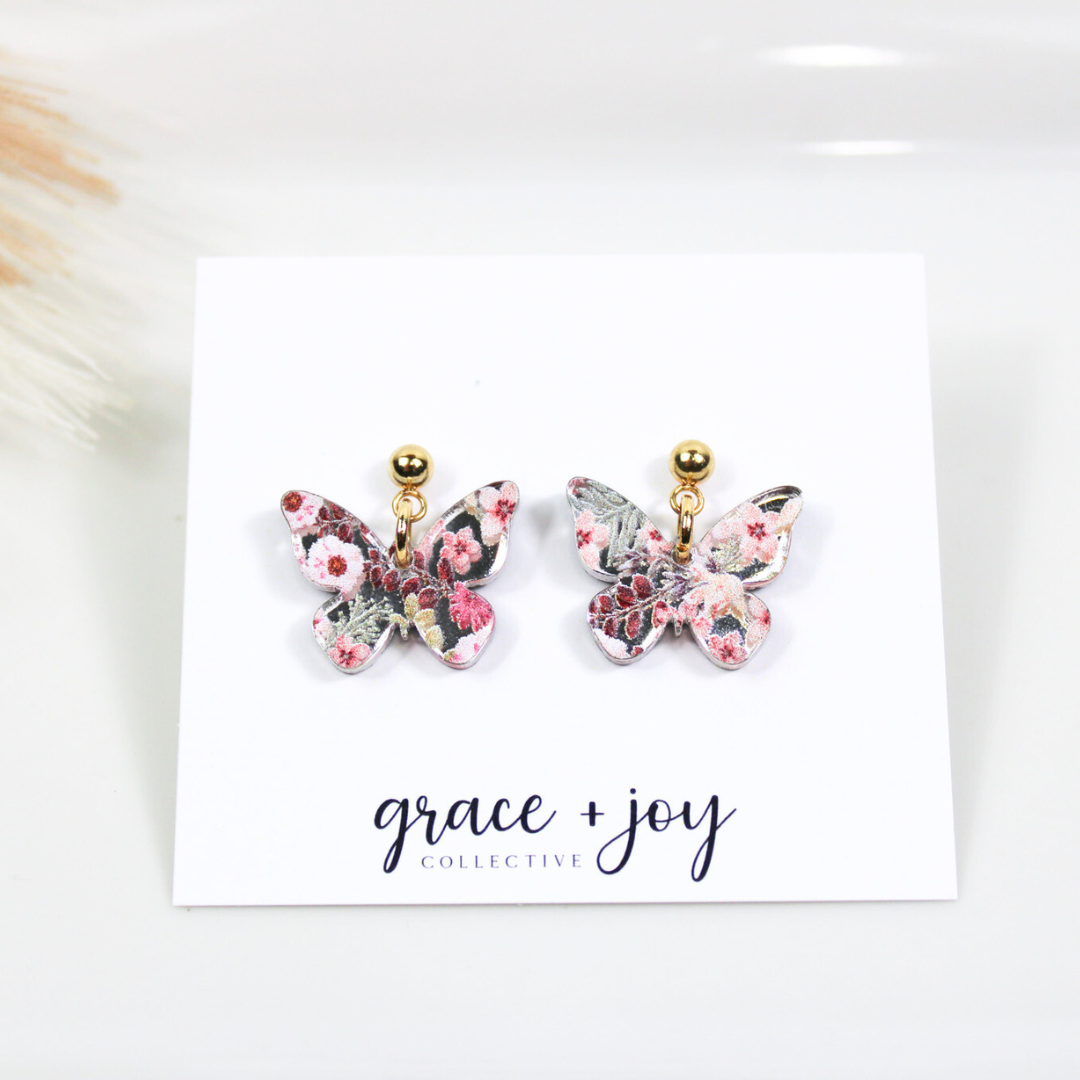 Pink Floral Butterfly Dangle Earrings, Grace + Joy Collective