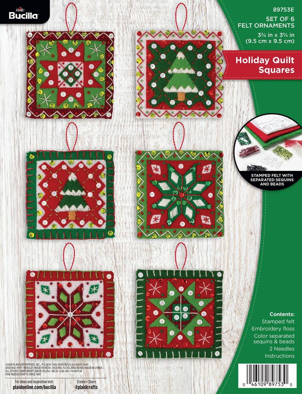 Bucilla Holiday Quilt Squares Felt Ornament Kit Set of 6
